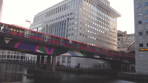 Canary Wharf underground train over the bridge, England. Stock Footage 147144181