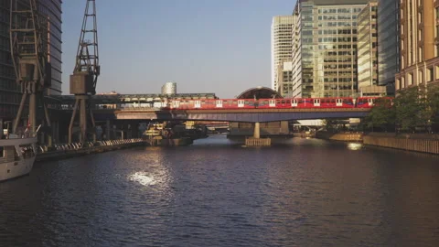 Canary Wharf underground train over the bridge, England Stock Footage 147144215