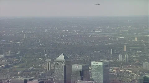 Canary Wharf wide aerial shot Stock Footage