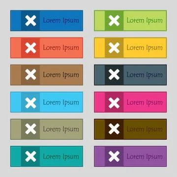 Cancel, multiplication  icon sign. Set of twelve rectangular, colorful, beaut 库存插图