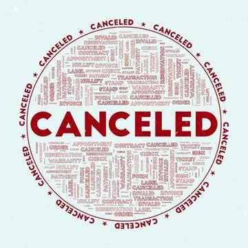 Canceled - round badge. Text canceled with keywords word clouds and circula.. Stock Illustration