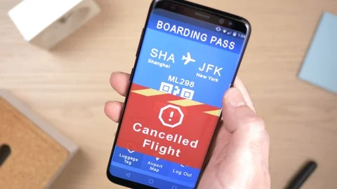 Cancelled Flight Warning Message on Smartphone Boarding App 스톡 동영상 101550098