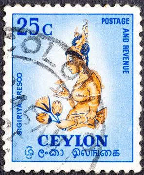 Cancelled postage stamp printed by Ceylon, that shows Fresco of the Sigiriya- Stock Photos