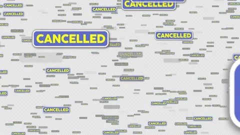 CANCELLED word flying through space On transparent background overlay matte Stock Footage 323320158