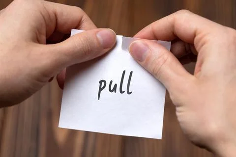 Cancelling pull. Hands tearing of a paper with handwritten inscription. Stock Illustration