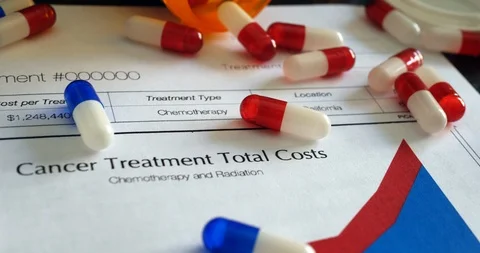 Cancer treatment drugs and pills on a fake medical health insurance cost Stock Footage