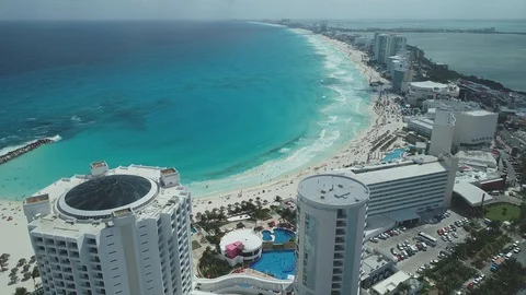 Cancun Beach Curve and High-Rise Resort Coast Stock-Footage 89245578