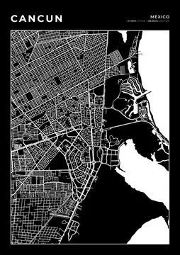Cancun Map Wall Art Frame, Cartography Map Print, City Layout Map Stock Illustration