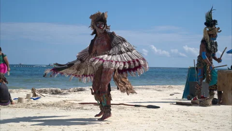 CANCUN, Mexico - 10/08/2023: Slow motion of a mayan eagle warrior from a Stock Footage 263178807