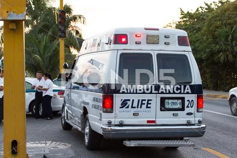 Cancun, Mexico - 2 January 2016: Ambulance Car At The Street Road With Blinki