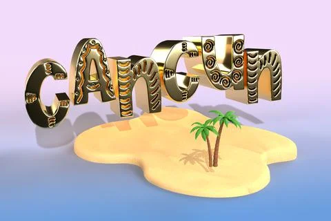 Cancun Mexico 3D Render with tropical Island and palm trees Stock Illustration