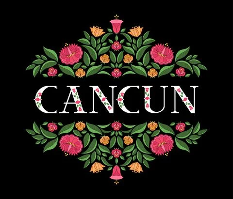 Cancun, Mexico illustration vector. Background with traditional flowers Stock Illustration