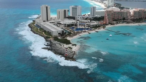 Cancun Resort Zone with Ocean Waves, HD Drone Footage Stock Footage 94885677