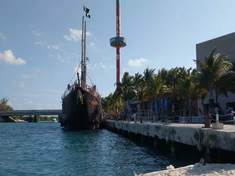Cancun Sky Lift Ride Elevating Behind Pirate Ship Stock Footage 73974701