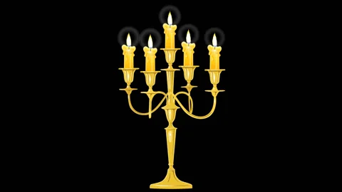 Candelabrum with five candles lights up and goes out. Cartoon animation alpha 스톡 동영상 89864174