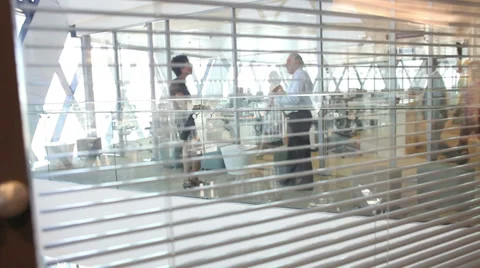 Candid view through blinds of office of workers talking in large business Vídeos de archivo 32744145