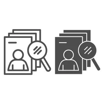 Candidate search line and solid icon. Applicant forms stack and loupe outline Stock Illustration
