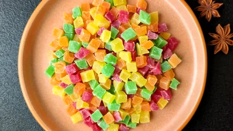 Candied fruit in colorful cubes as an ingredient for baked goods and sweets. Can Stock Footage 330252964