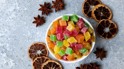Candied fruit in colorful cubes as an ingredient for baked goods and sweets. Can Stock Footage 330252986