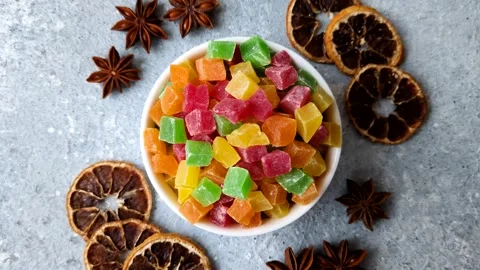 Candied fruit in colorful cubes as an ingredient for baked goods and sweets. Can Stock Footage 330252989