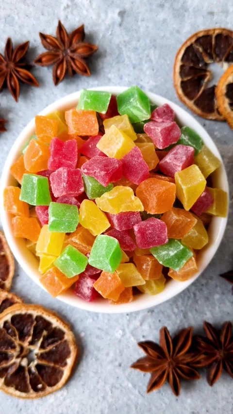 Candied fruit in colorful cubes as an ingredient for baked goods and sweets. Can Stock Footage 330252995