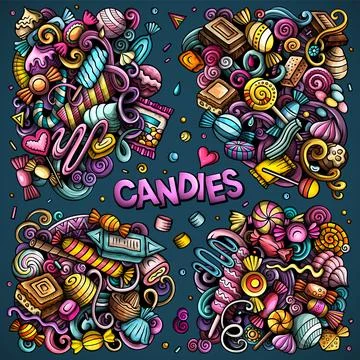 Candies cartoon vector doodle designs set. Stockillustratie
