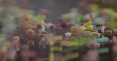 Candies fall out of frame onto the mirror surface Stock Footage 200868803