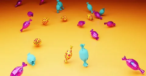 Candies falling yellow background 3D render animation physics bounce in 8K Stock Footage 233243490