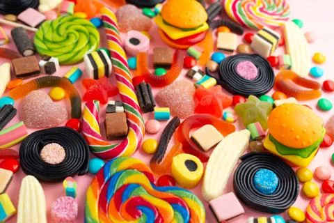 Candies with jelly colorful array of different childs sweets and treats over  Stock Photos