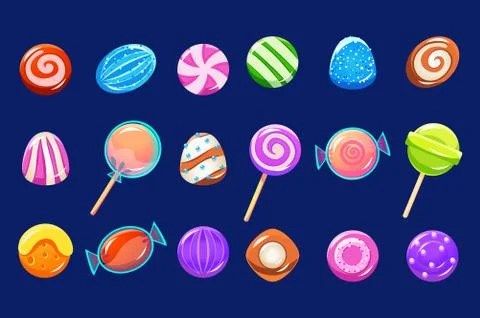 Candies sett, glossy sweets of different colors vector Illustrations on a blue Illustrazione stock