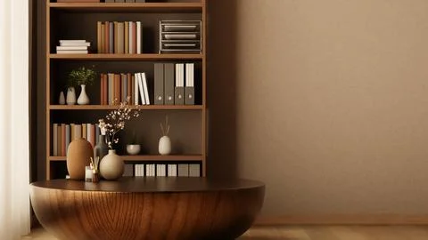 Candle and diffuser with vases on round wooden table in front of bookshelf .. Stock Illustration