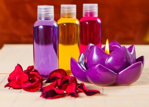 Candle and objects for taking a bath Stock Photos