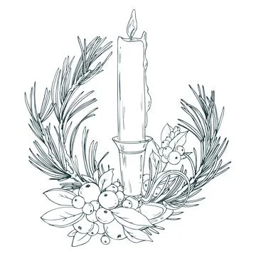 Candle burning in a vintage candlestick with pine and snowberry branches. Line Stock Illustration