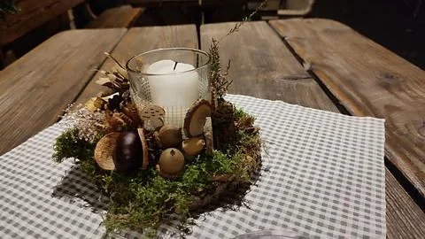 Candle centerpiece rustic objects decoration design interior furniture room.. Stock Photos