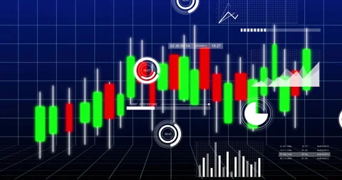 Candle chart loading on navy grid, highlight fading, timer spinning, bars Stock Footage 315787038