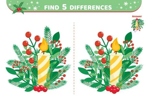 Candle. Christmas. Find 5 differences. Game. Flat, cartoon, vector Stock Illustration