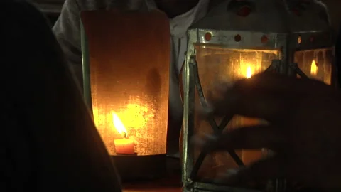 Candle &amp; Flame - Bees Wax Candle Close-Up with a historical background Stock Footage 148673080