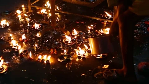 Candle flame close-up in the Indian Temple on a Religious Festival Diwali. Oi Video stock 77717374