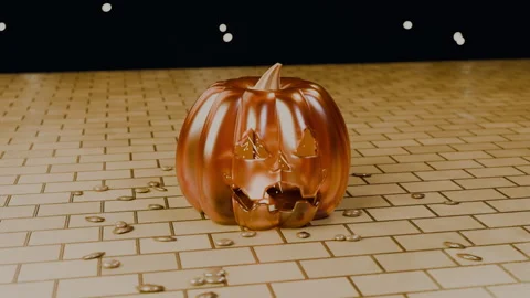 Candle flame flickering inside carved jack-o'-lantern on pavers, 4K Stock Footage 346120125