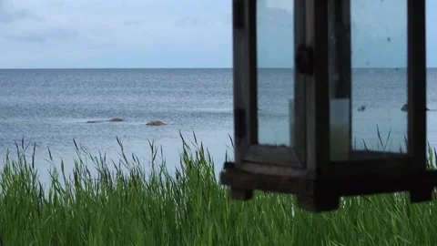 A candle flashlight on a tree by the sea. Stock Footage 248531567