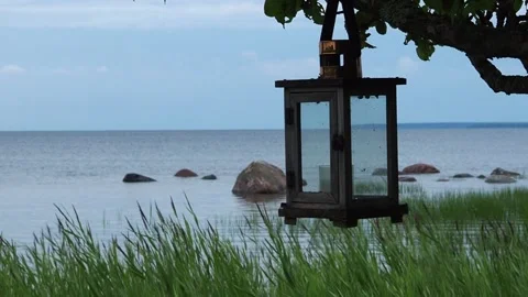 A candle flashlight on a tree by the sea. Stock Footage 248531601