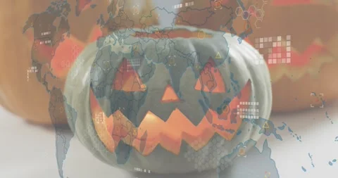 Candle flickering on carved pumpkin causing world overlay nodes and patterns Stock Footage 317747800