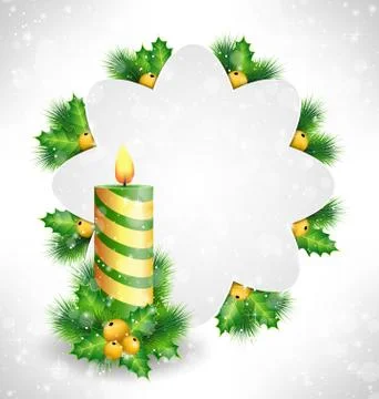 Candle with holly pine and frame on grayscale Illustrazione stock