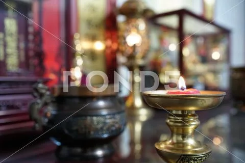 A candle with Incense burner. Worship God or ancestor. Stock Photos