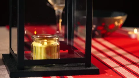 Candle lantern at dinner table Stock Footage 297059656