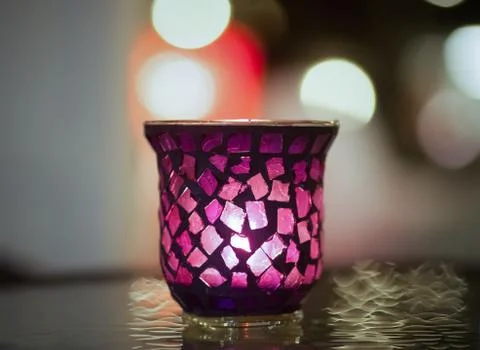 Candle light on the table with night view Stock Photos