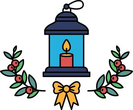 A candle is lit in a lantern with a green leafy border Stock Illustration