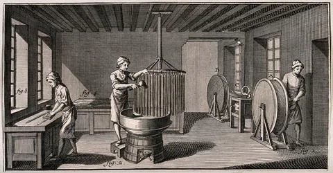Candle makers' workshop: interior view, process of making candles. Etching. Stock Illustration