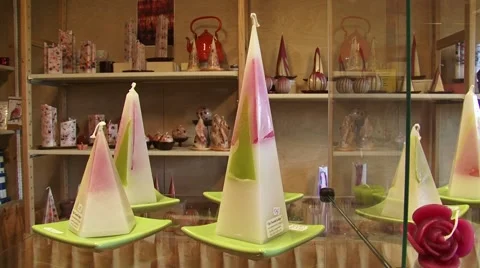 Candle shop, interior + pan displayed recycled candles Stock Footage 42433985