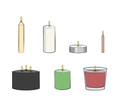 Candle simple illustrated set. Vector candles: long stick, jar, pillar candle Stock Illustration